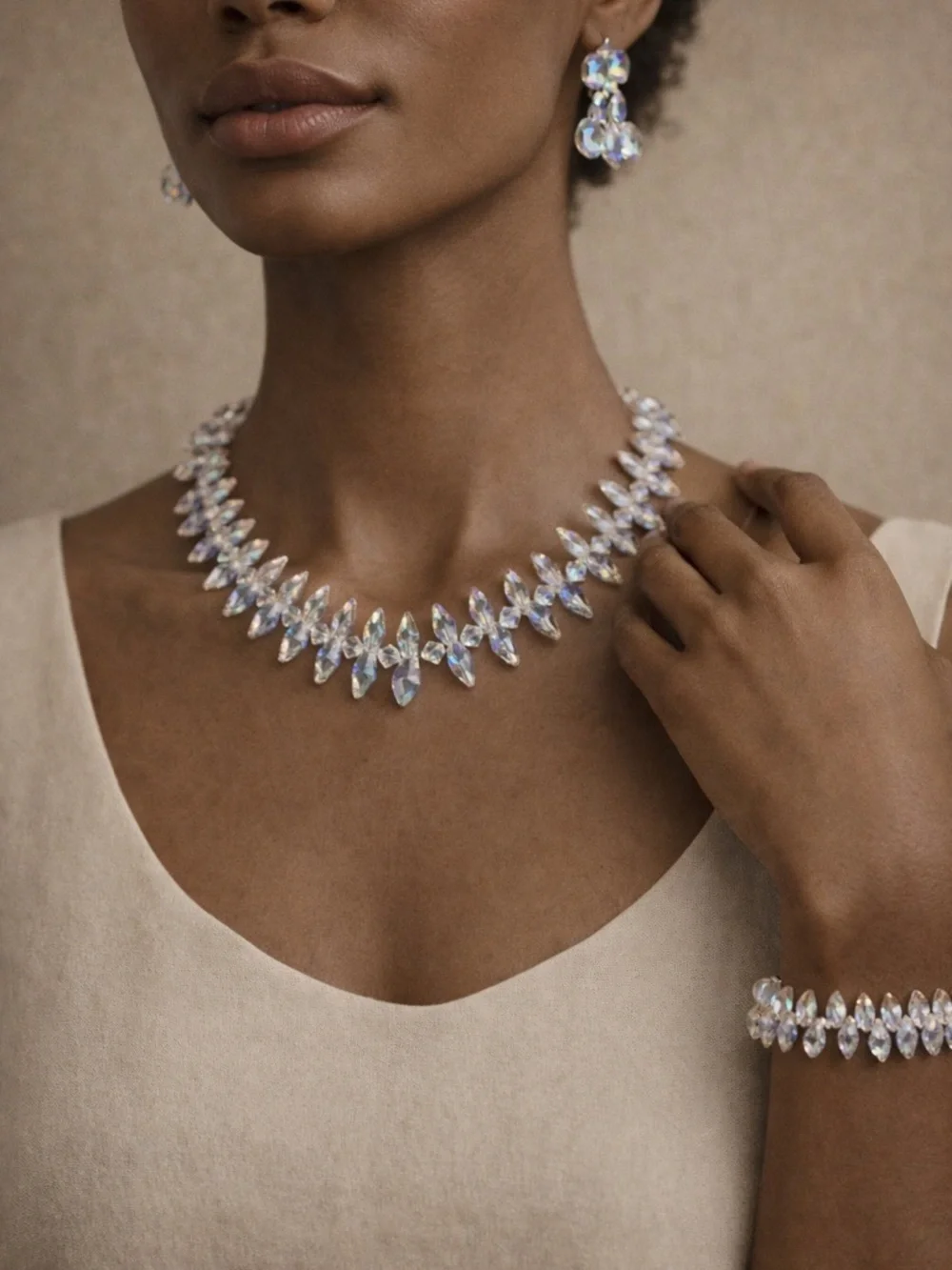 Iridescent Crystal Jewelry Set Necklace Bracelet Earrings Statement Glam Trend